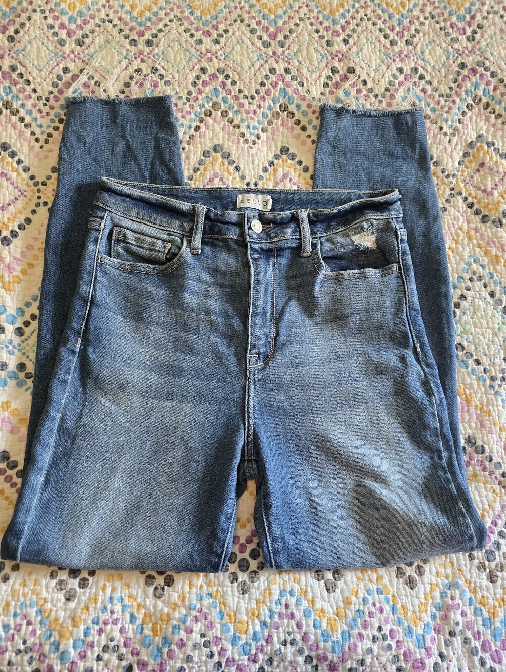 Cello high-rise straight ankle jeans with distressed details.